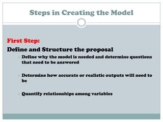 Steps in Creating the Model
First Step:
Define and Structure the proposal
 Define why the model is needed and determine questions
that need to be answered
 Determine how accurate or realistic outputs will need to
be
 Quantify relationships among variables
 
