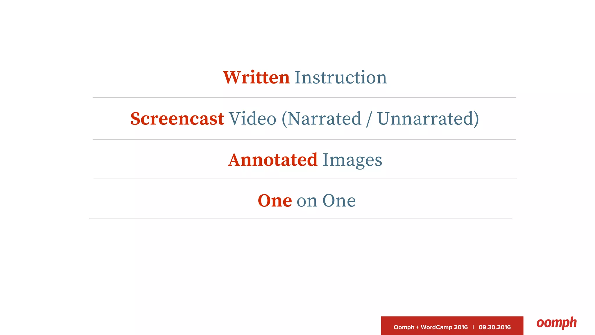 Oomph + WordCamp 2016 | 09.30.2016
Written Instruction
Screencast Video (Narrated / Unnarrated)
Annotated Images
One on One
 