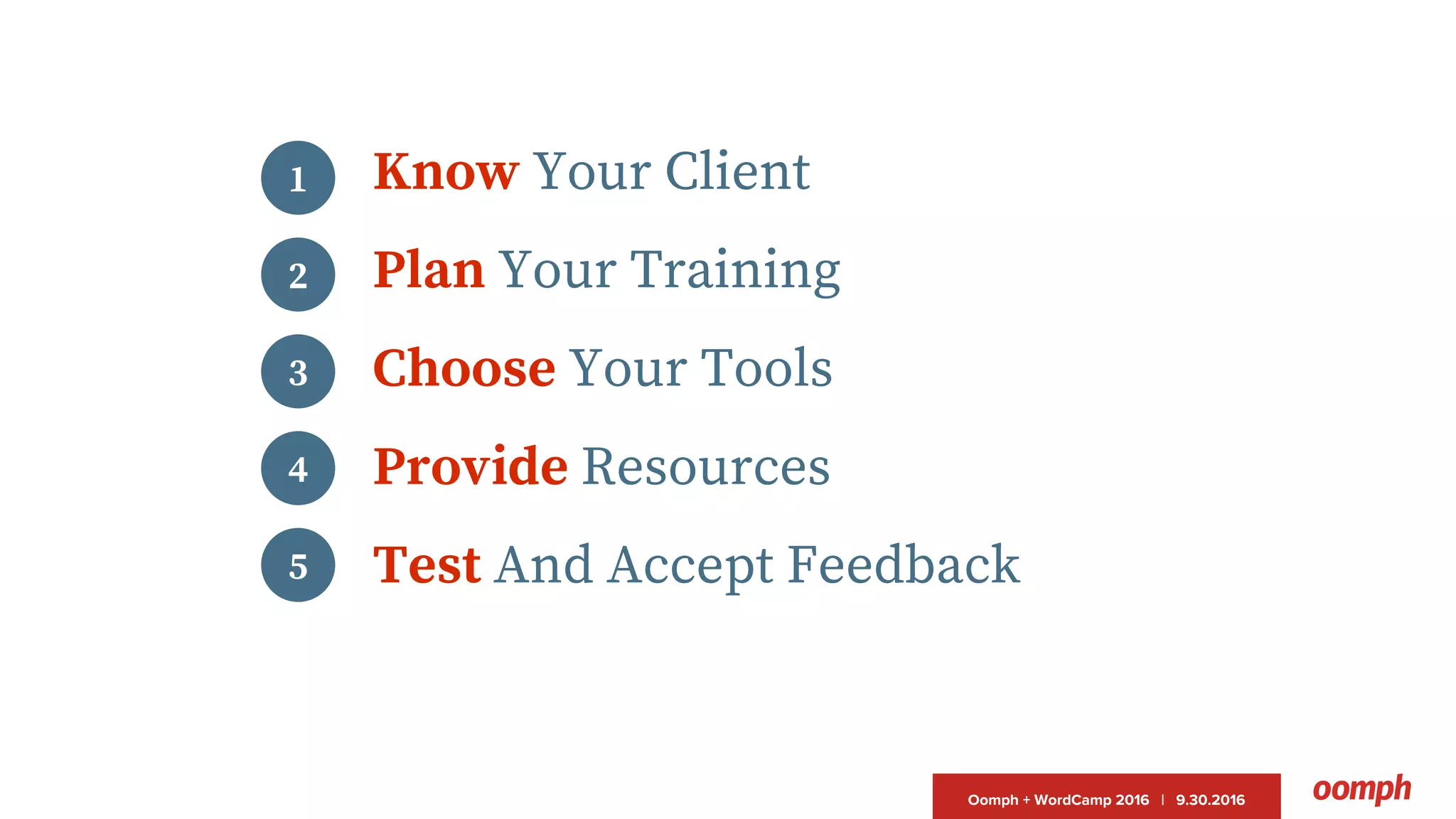 Oomph + WordCamp 2016 | 9.30.2016
Know Your Client
Plan Your Training
Choose Your Tools
Provide Resources
Test And Accept Feedback
3
2
1
4
5
 