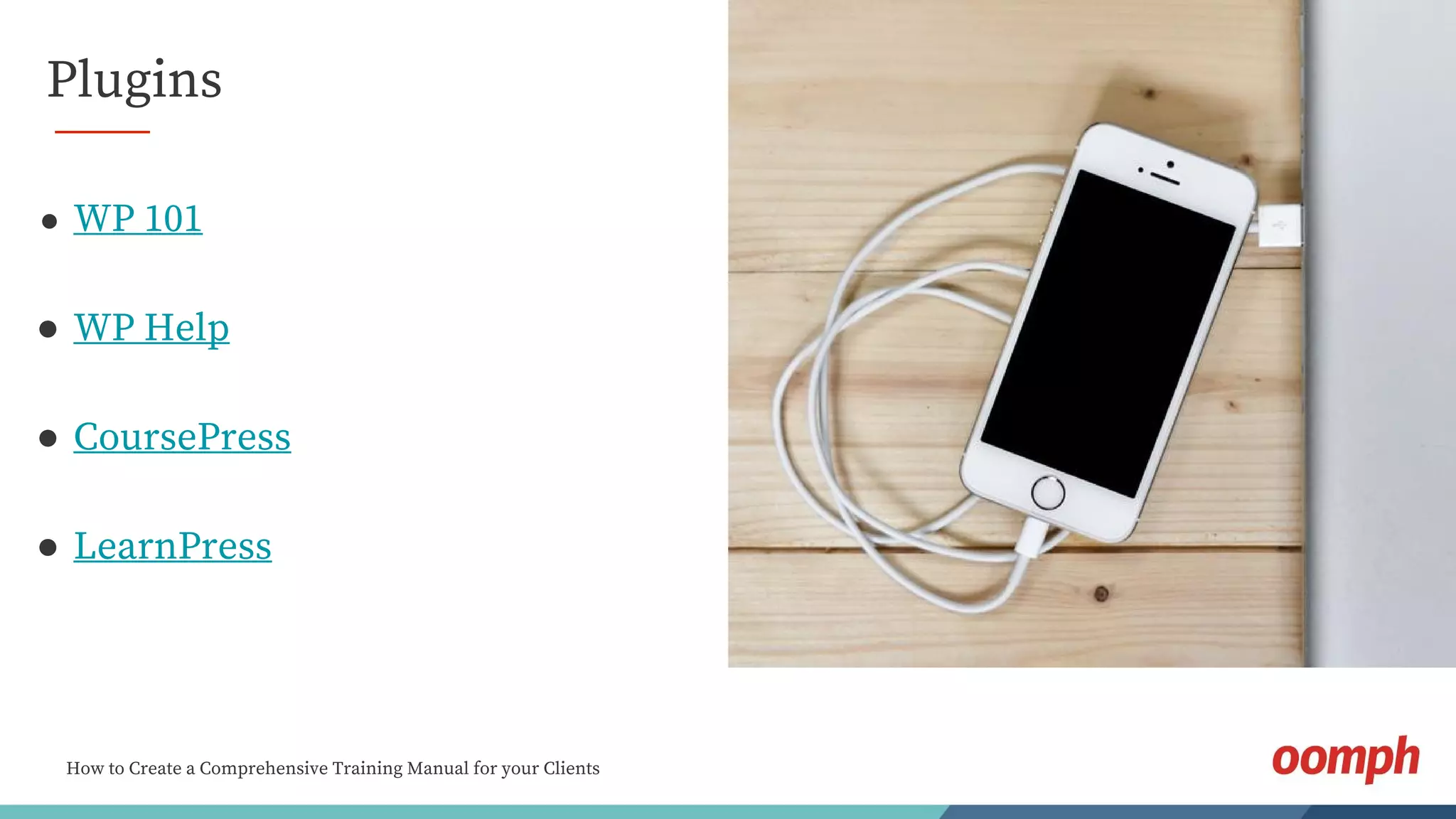 How to Create a Comprehensive Training Manual for your Clients
Plugins
● WP 101
● WP Help
● CoursePress
● LearnPress
 