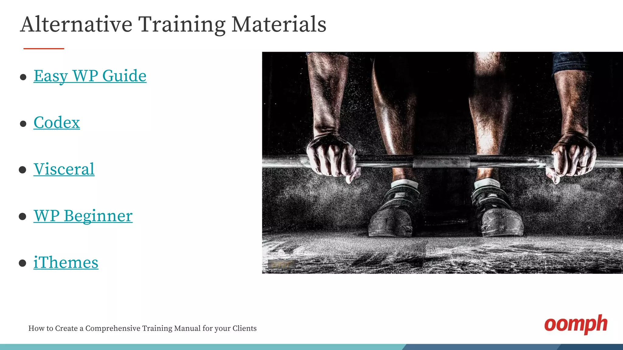 How to Create a Comprehensive Training Manual for your Clients
Alternative Training Materials
● Easy WP Guide
● Codex
● Visceral
● WP Beginner
● iThemes
 
