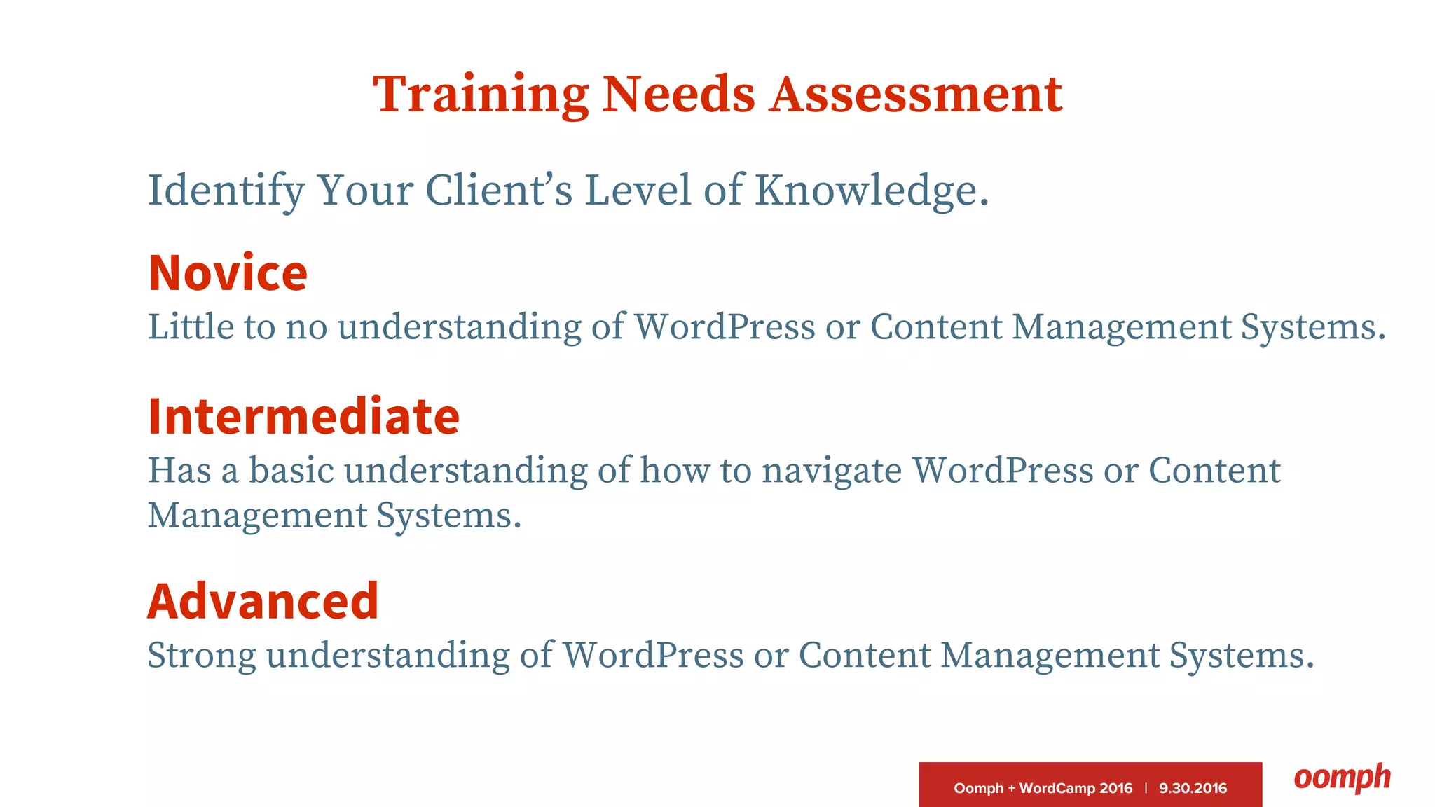 Oomph + WordCamp 2016 | 9.30.2016
Training Needs Assessment
Identify Your Client’s Level of Knowledge.
Novice
Little to no understanding of WordPress or Content Management Systems.
Intermediate
Has a basic understanding of how to navigate WordPress or Content
Management Systems.
Advanced
Strong understanding of WordPress or Content Management Systems.
 