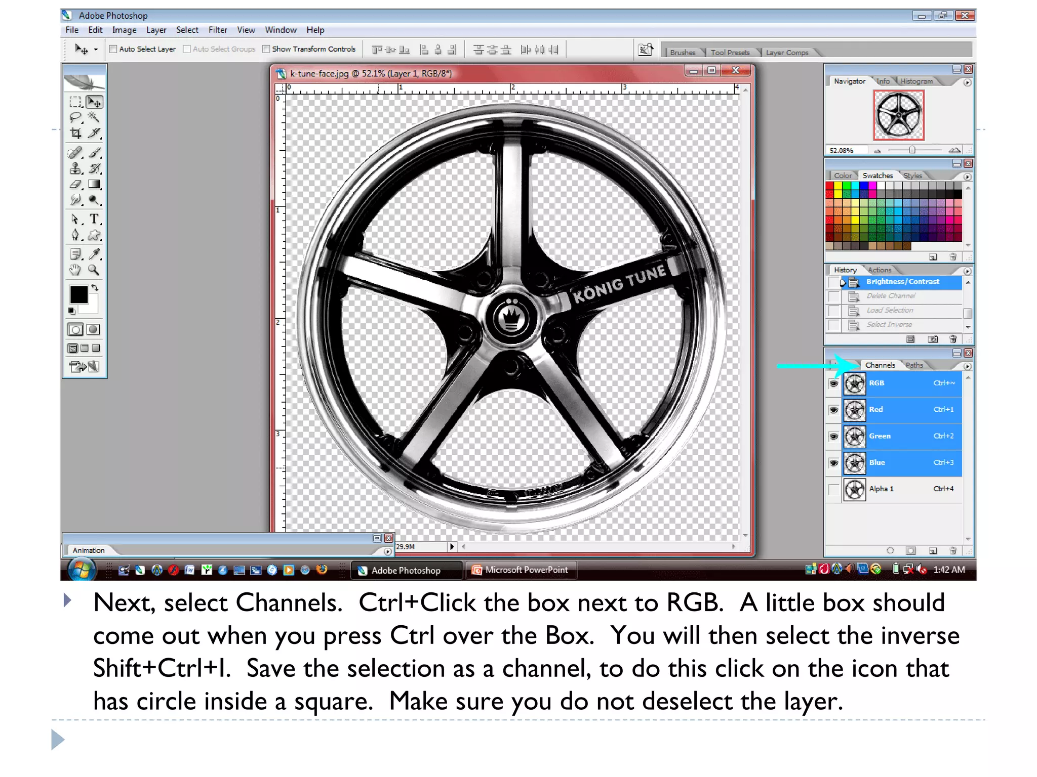 Next, select Channels.  Ctrl+Click the box next to RGB.  A little box should come out when you press Ctrl over the Box.  You will then select the inverse Shift+Ctrl+I.  Save the selection as a channel, to do this click on the icon that has circle inside a square.  Make sure you do not deselect the layer. 