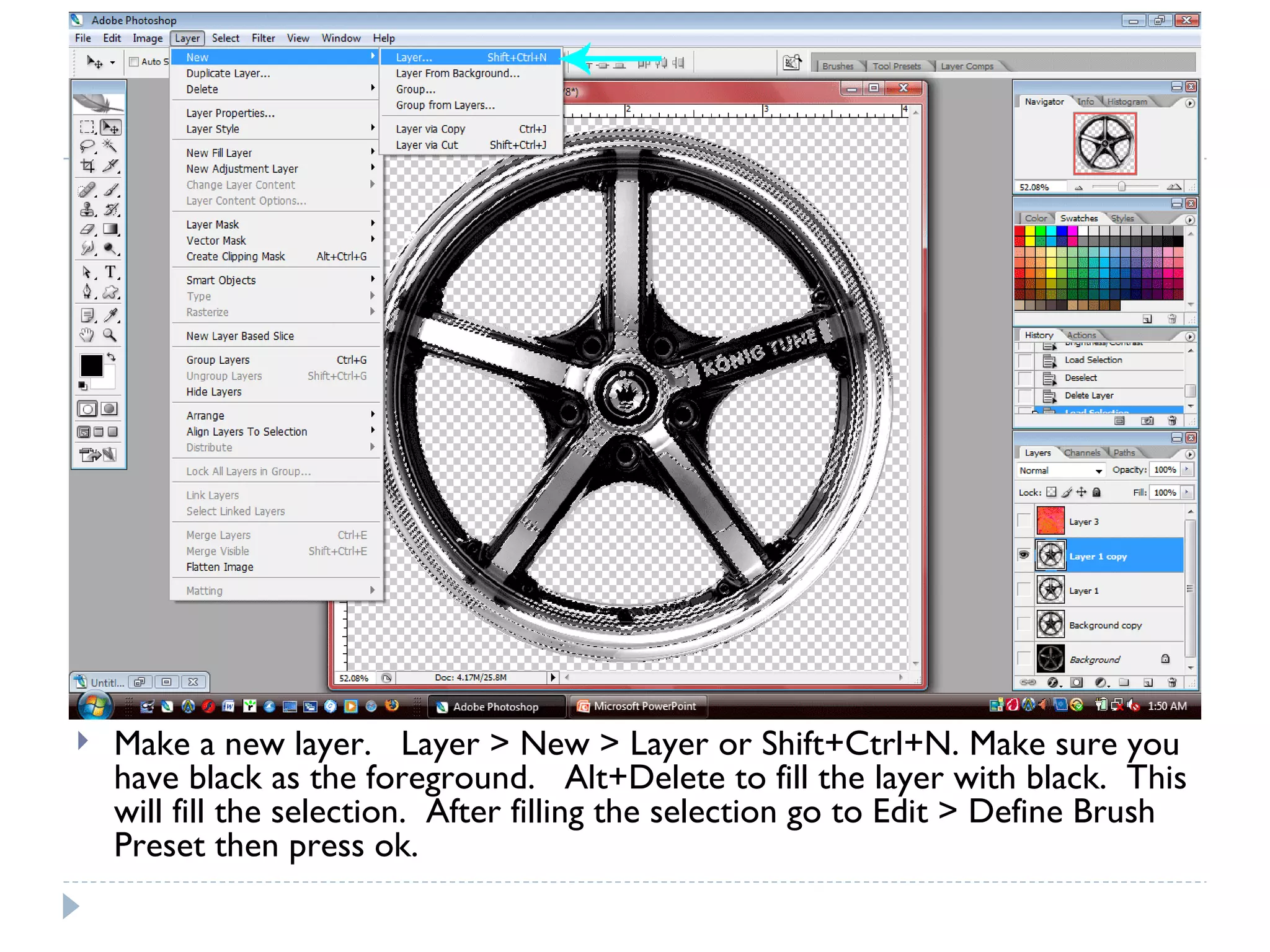 Make a new layer.  Layer > New > Layer or Shift+Ctrl+N. Make sure you have black as the foreground.  Alt+Delete to fill the layer with black.  This will fill the selection.  After filling the selection go to Edit > Define Brush Preset then press ok. 