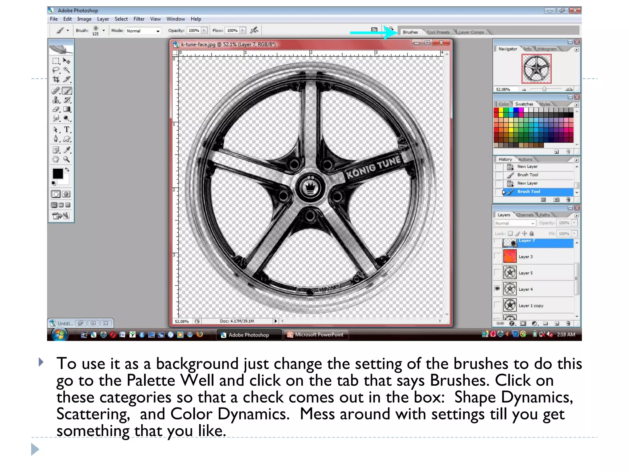 To use it as a background just change the setting of the brushes to do this go to the Palette Well and click on the tab that says Brushes. Click on these categories so that a check comes out in the box:  Shape Dynamics, Scattering,  and Color Dynamics.  Mess around with settings till you get something that you like. 