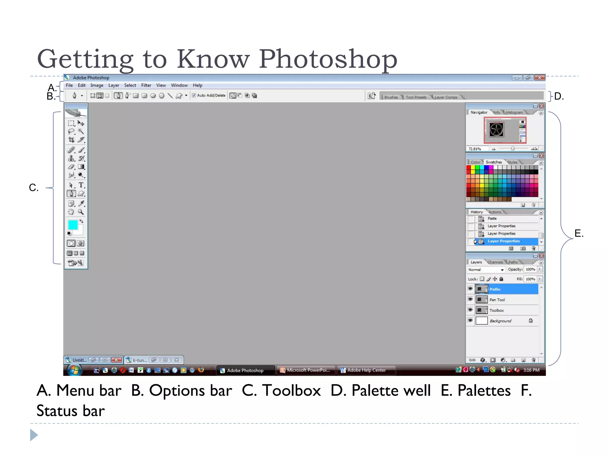 Getting to Know Photoshop A. Menu bar  B. Options bar  C. Toolbox  D. Palette well  E. Palettes  F. Status bar A. D. E. B. C. 