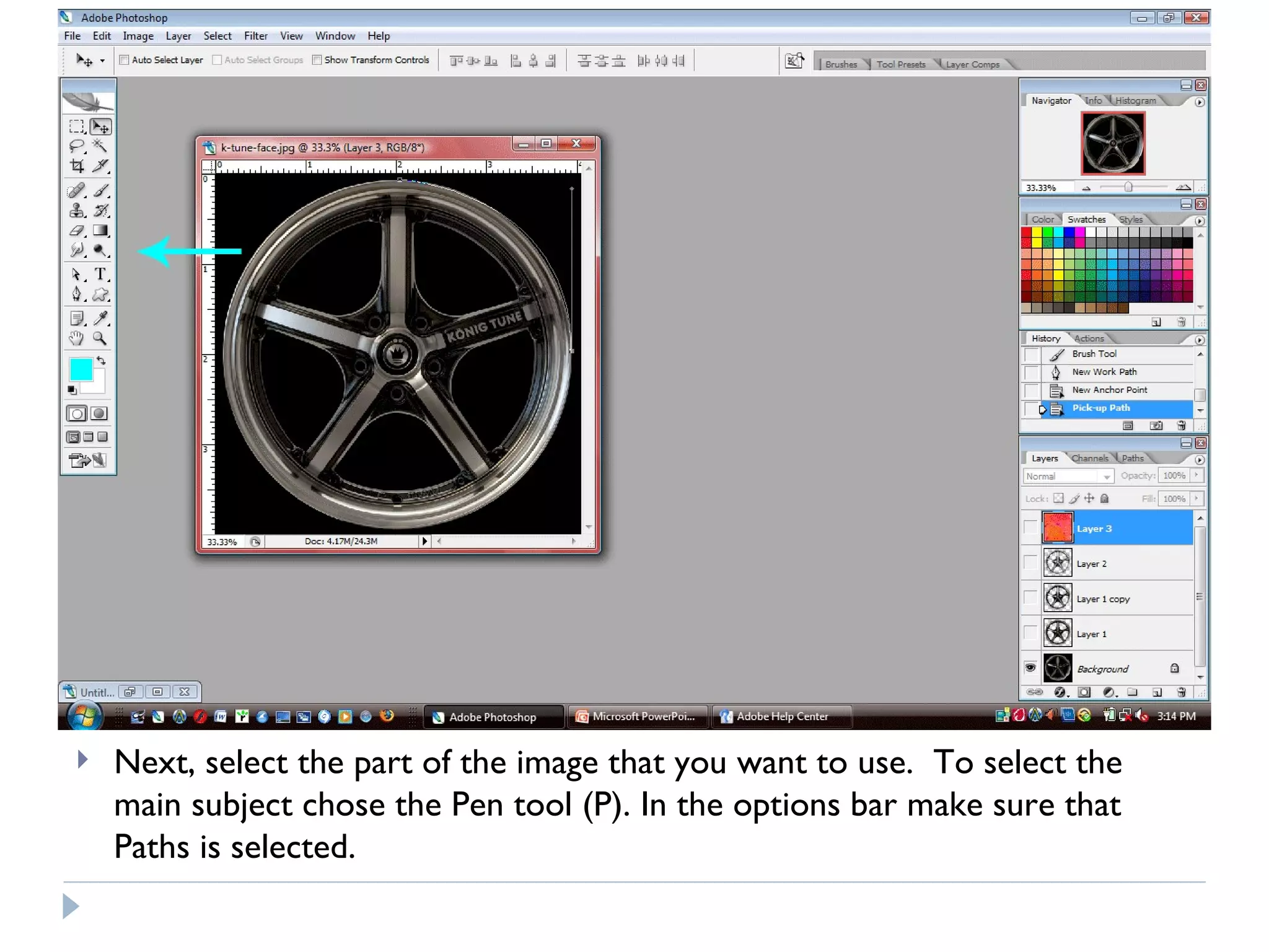 Next, select the part of the image that you want to use.  To select the main subject chose the Pen tool (P). In the options bar make sure that Paths is selected. 