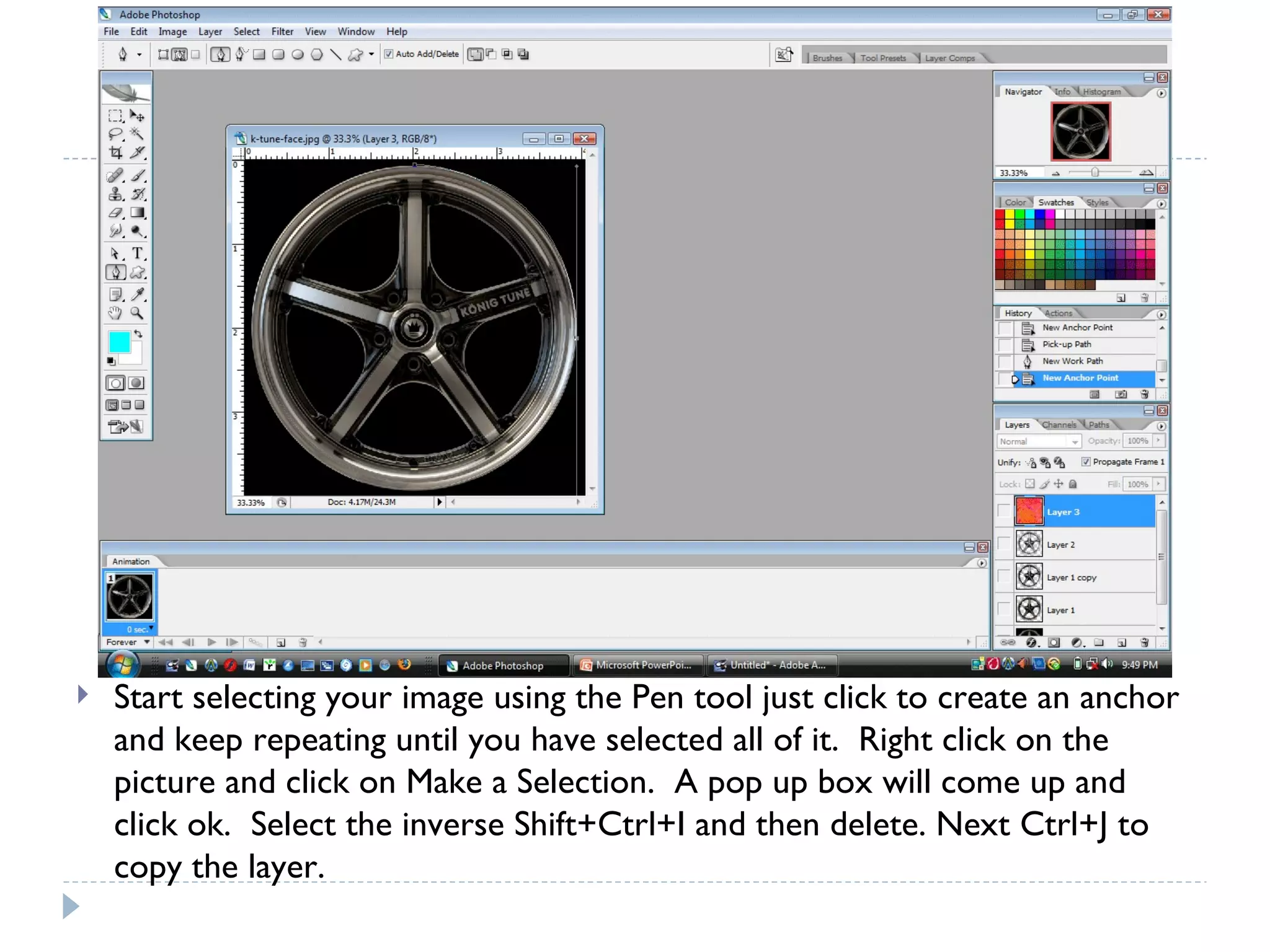 Start selecting your image using the Pen tool just click to create an anchor and keep repeating until you have selected all of it.  Right click on the picture and click on Make a Selection.  A pop up box will come up and click ok.  Select the inverse Shift+Ctrl+I and then delete. Next Ctrl+J to copy the layer. 