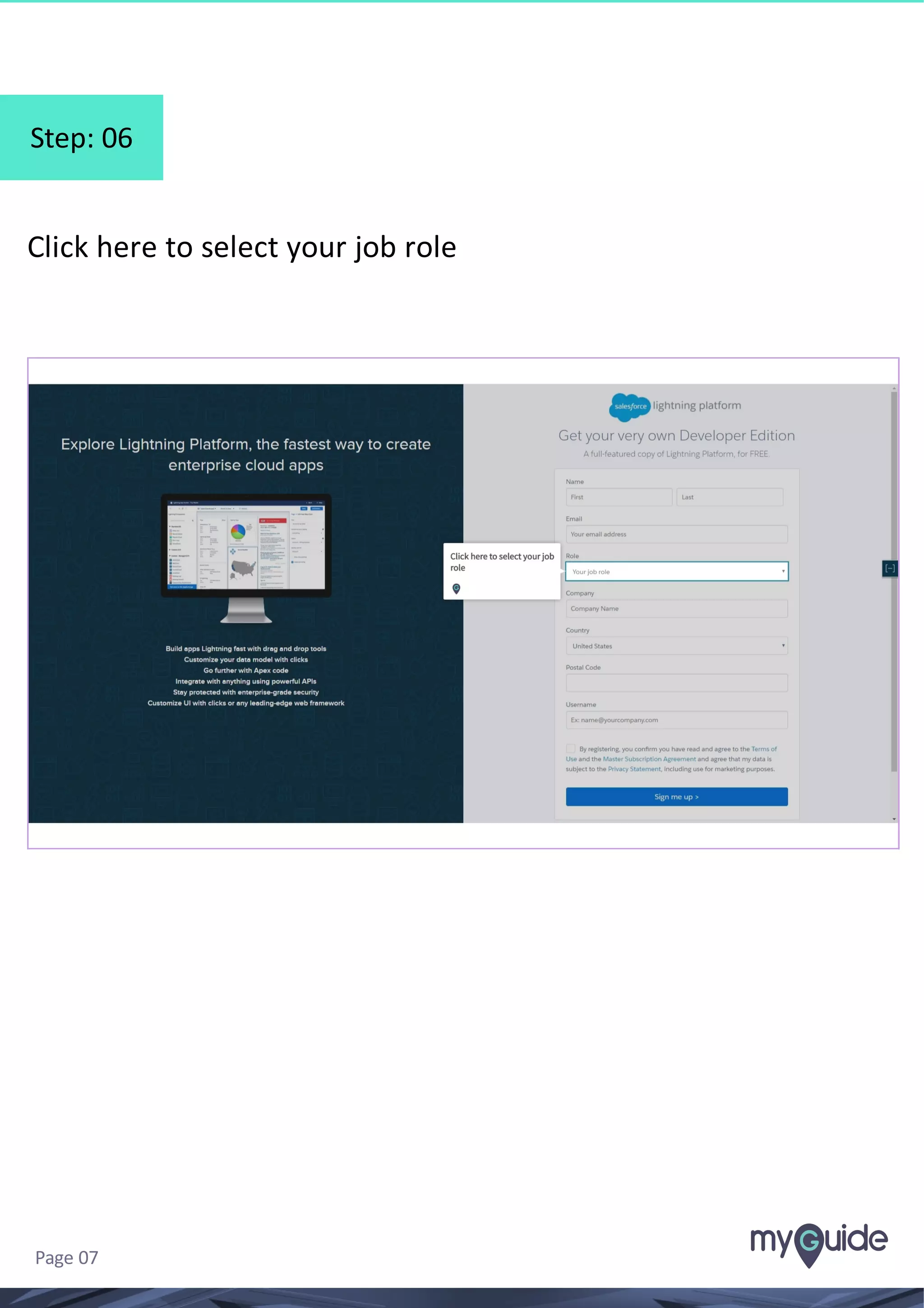 Step: 06 Click here to select your job role Page 07