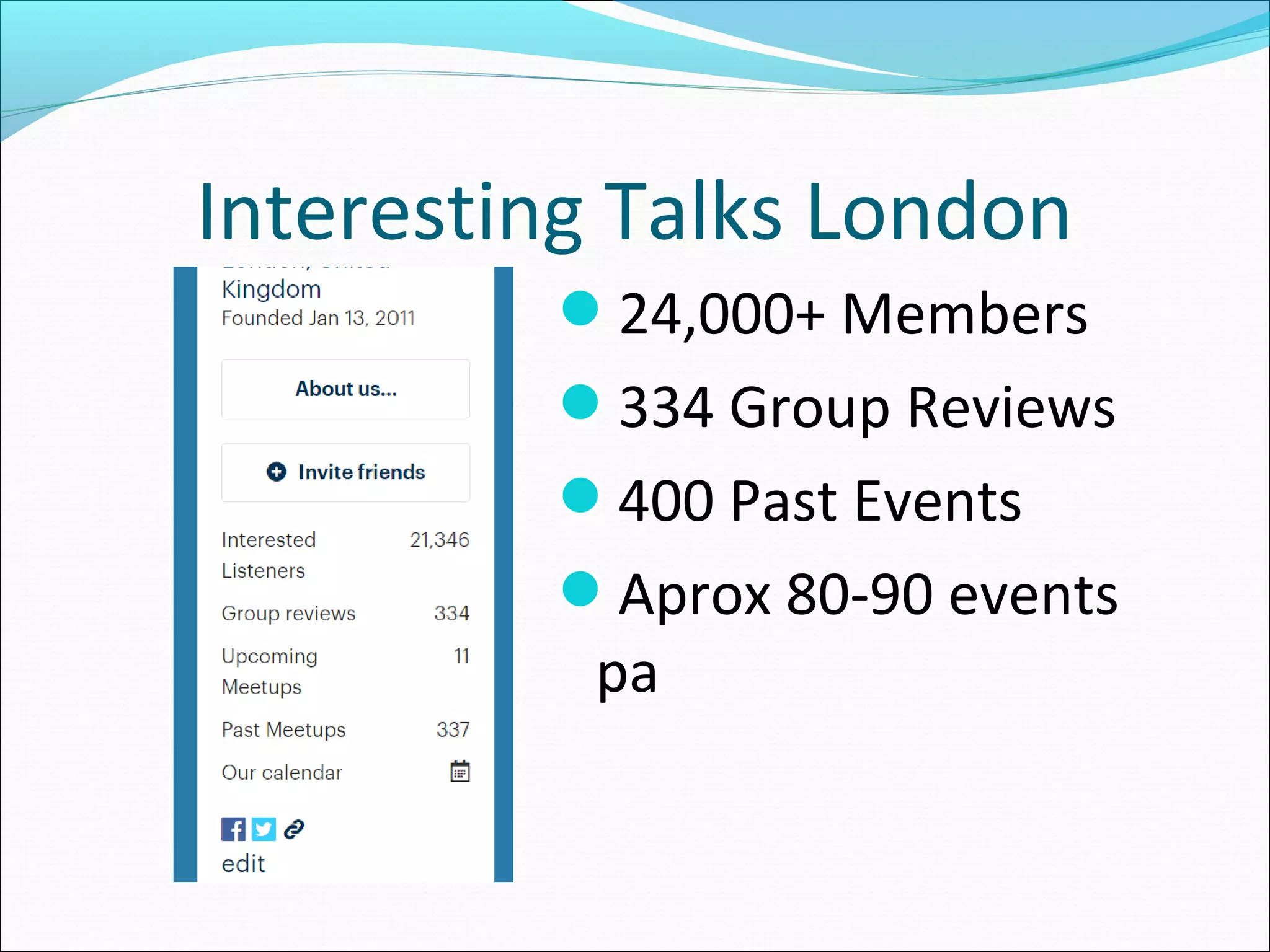 Interesting Talks London
24,000+ Members
334 Group Reviews
400 Past Events
Aprox 80-90 events
pa
 