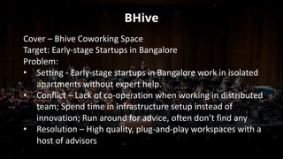 BHive
Cover	– Bhive Coworking Space
Target:	Early-stage	Startups	in	Bangalore
Problem:	
• Setting	- Early-stage	startups	in	Bangalore	work	in	isolated	
apartments	without	expert	help.
• Conflict	– Lack	of	co-operation	when	working	in	distributed	
team;	Spend	time	in	infrastructure	setup	instead	of	
innovation;	Run	around	for	advice,	often	don’t	find	any
• Resolution	– High	quality,	plug-and-play	workspaces	with	a	
host	of	advisors
 