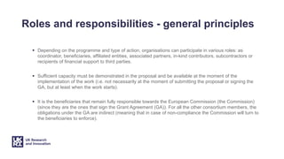 Roles and responsibilities - general principles
§ Depending on the programme and type of action, organisations can participate in various roles: as
coordinator, beneficiaries, affiliated entities, associated partners, in-kind contributors, subcontractors or
recipients of financial support to third parties.
§ Sufficient capacity must be demonstrated in the proposal and be available at the moment of the
implementation of the work (i.e. not necessarily at the moment of submitting the proposal or signing the
GA, but at least when the work starts).
§ It is the beneficiaries that remain fully responsible towards the European Commission (the Commission)
(since they are the ones that sign the Grant Agreement (GA)). For all the other consortium members, the
obligations under the GA are indirect (meaning that in case of non-compliance the Commission will turn to
the beneficiaries to enforce).
 