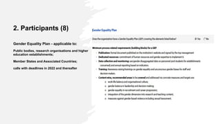 2. Participants (8)
Gender Equality Plan - applicable to:
Public bodies, research organisations and higher
education establishments;
Member States and Associated Countries;
calls with deadlines in 2022 and thereafter
 