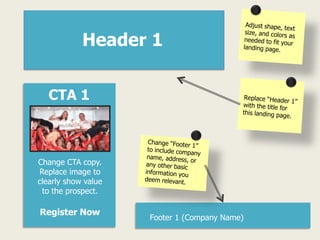 Change CTA copy.
Replace image to
clearly show value
to the prospect.
CTA 1
Register Now
Footer 1 (Company Name)
Header 1
 