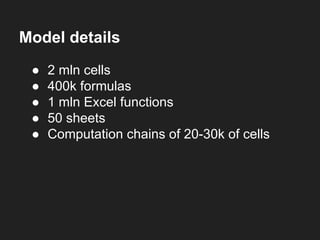 Model details
● 2 mln cells
● 400k formulas
● 1 mln Excel functions
● 50 sheets
● Computation chains of 20-30k of cells
 