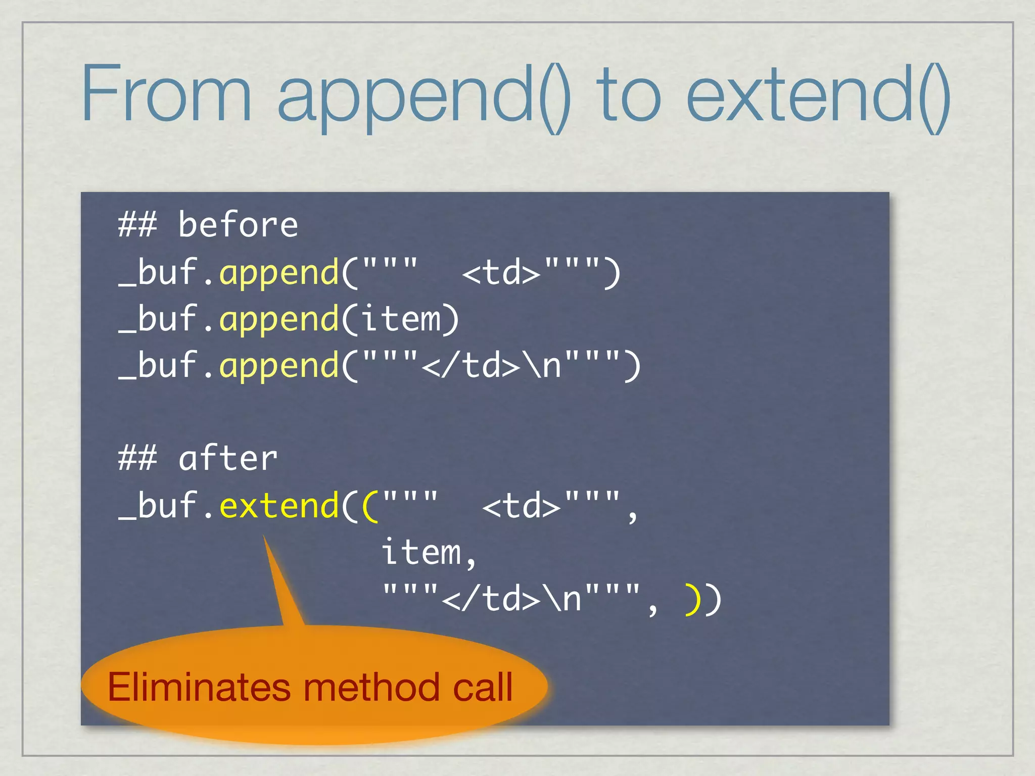 From append() to extend()
     	 
                              	 	 



     	 
                                	 	 
 	 	 	 	 	 	 	 	 	 	 	 	 	 
 	 	 	 	 	 	 	 	 	 	 	 	 	             	 

Eliminates method call
 