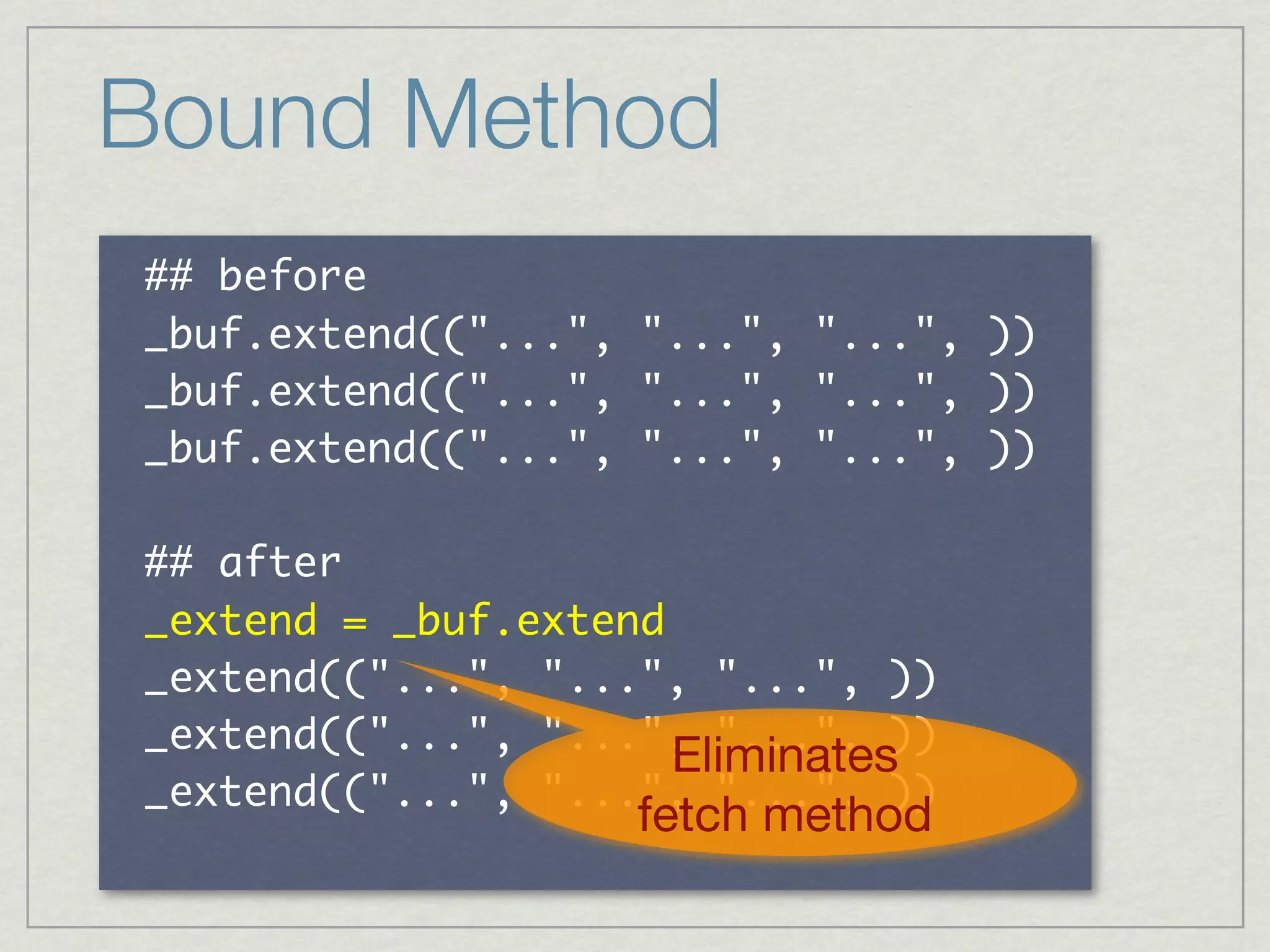 Bound Method
 	 
                   	      	         	 
                   	      	         	 
                   	      	         	 

 	 
      	  	 
              	        	       	 
              	        	       	 
                      Eliminates
              	        	       	 
                    fetch method
 