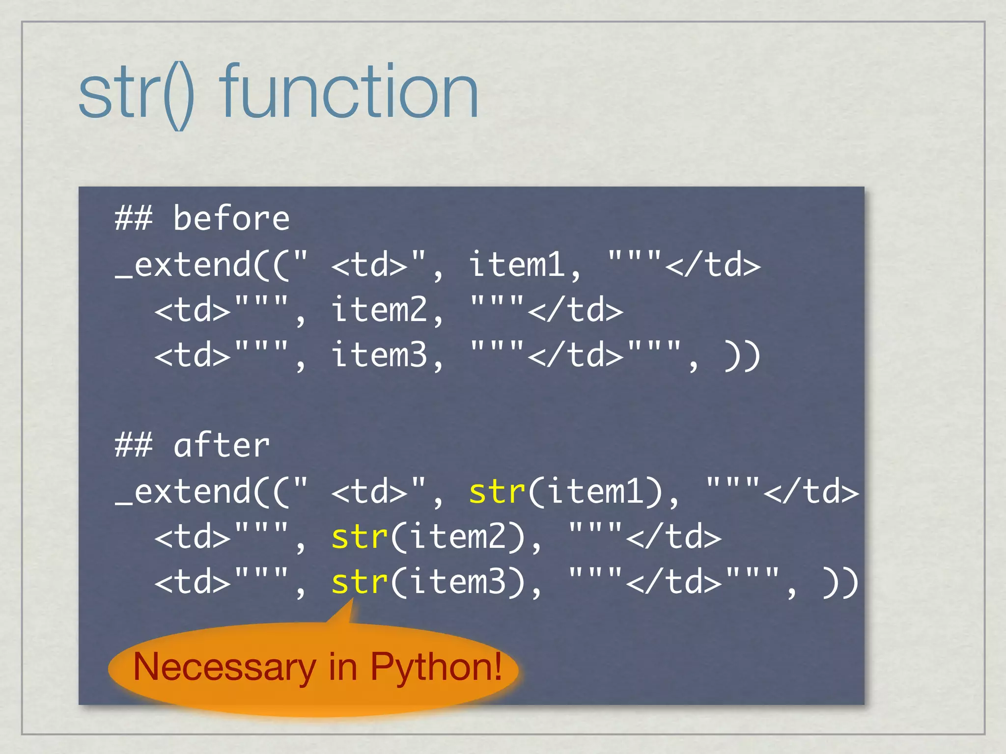 str() function
     	 
           	       	          	 
 	 	       	       	 
 	 	       	       	                 	 

     	 
           	       	               	 
 	 	       	             	 
 	 	       	             	                	 

  Necessary in Python!
 