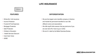 PRODUCT
LIFE INSURANCE
FEATURES
• Whole life / Life insurance
• Income Protection
• Funeral & Final Expenses
• Mortgage Protection
• Debt Protection
• Children’s Education
• Health Services Discount
• Card Cash Value
• AD&D
DIFFERENTIATION
• We are the largest union benefits company in America
and handle the permanent benefits for over 30K
different unions and associations
• We offer layoff strike waivers that pay premiums if you
are ever laid off or have to go on strike
• We are A+ rated by the Better Business Bureau
 
