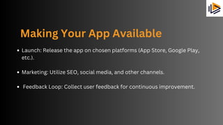 Making Your App Available
Launch: Release the app on chosen platforms (App Store, Google Play,
etc.).
Marketing: Utilize SEO, social media, and other channels.
Feedback Loop: Collect user feedback for continuous improvement.
 