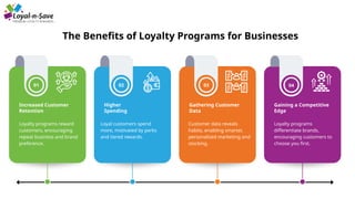 04
Loyalty programs reward
customers, encouraging
repeat business and brand
preference.
Loyal customers spend
more, motivated by perks
and tiered rewards.
Customer data reveals
habits, enabling smarter,
personalized marketing and
stocking.
Loyalty programs
differentiate brands,
encouraging customers to
choose you first.
01 02 03
Increased Customer
Retention
Higher
Spending
Gathering Customer
Data
Gaining a Competitive
Edge
The Benefits of Loyalty Programs for Businesses
 