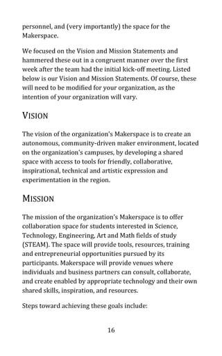 16
personnel, and (very importantly) the space for the
Makerspace.
We focused on the Vision and Mission Statements and
hammered these out in a congruent manner over the first
week after the team had the initial kick-off meeting. Listed
below is our Vision and Mission Statements. Of course, these
will need to be modified for your organization, as the
intention of your organization will vary.
VISION
The vision of the organization’s Makerspace is to create an
autonomous, community-driven maker environment, located
on the organization’s campuses, by developing a shared
space with access to tools for friendly, collaborative,
inspirational, technical and artistic expression and
experimentation in the region.
MISSION
The mission of the organization’s Makerspace is to offer
collaboration space for students interested in Science,
Technology, Engineering, Art and Math fields of study
(STEAM). The space will provide tools, resources, training
and entrepreneurial opportunities pursued by its
participants. Makerspace will provide venues where
individuals and business partners can consult, collaborate,
and create enabled by appropriate technology and their own
shared skills, inspiration, and resources.
Steps toward achieving these goals include:
 