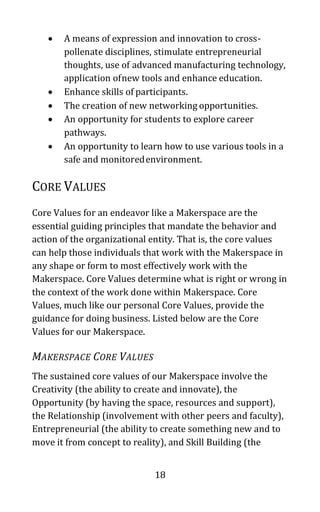 18
• A means of expression and innovation to cross-
pollenate disciplines, stimulate entrepreneurial
thoughts, use of advanced manufacturing technology,
application ofnew tools and enhance education.
• Enhance skills of participants.
• The creation of new networking opportunities.
• An opportunity for students to explore career
pathways.
• An opportunity to learn how to use various tools in a
safe and monitoredenvironment.
CORE VALUES
Core Values for an endeavor like a Makerspace are the
essential guiding principles that mandate the behavior and
action of the organizational entity. That is, the core values
can help those individuals that work with the Makerspace in
any shape or form to most effectively work with the
Makerspace. Core Values determine what is right or wrong in
the context of the work done within Makerspace. Core
Values, much like our personal Core Values, provide the
guidance for doing business. Listed below are the Core
Values for our Makerspace.
MAKERSPACE CORE VALUES
The sustained core values of our Makerspace involve the
Creativity (the ability to create and innovate), the
Opportunity (by having the space, resources and support),
the Relationship (involvement with other peers and faculty),
Entrepreneurial (the ability to create something new and to
move it from concept to reality), and Skill Building (the
 