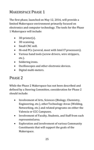 25
MAKERSPACE PHASE 1
The first phase, launched on May 12, 2016, will provide a
limited Makerspace environment primarily focused on
electronics and computer technology. The tools for the Phase
1 Makerspace will include:
• 3D printer(s).
• 3D scanning.
• Small CNC mill.
• Hi-end PCs (several, most with Intel I7processors).
• Various hand tools (screw drivers, wire strippers,
etc.).
• Soldering irons.
• Oscilloscopes and other electronic devices.
• Digital multi-meters.
PHASE 2
While the Phase 2 Makerspace has not been described and
defined by a Steering Committee, consideration for Phase 2
should include:
• Involvement of Arts, Sciences (Biology, Chemistry,
Engineering, etc.), otherTechnology Areas (Welding,
Networking, etc.) and related programs on either the
Valencia or CCC Campuses.
• Involvement of Faculty, Students, and Staff from each
representedarea.
• Exploration and involvement of various Community
Constituents that will support the goals of the
Makerspace.
 