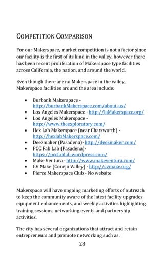 28
COMPETITION COMPARISON
For our Makerspace, market competition is not a factor since
our facility is the first of its kind in the valley, however there
has been recent proliferation of Makerspace type facilities
across California, the nation, and around the world.
Even though there are no Makerspace in the valley,
Makerspace facilities around the area include:
• Burbank Makerspace -
http://burbankMakerspace.com/about-us/
• Los Angeles Makerspace - http://laMakerspace.org/
• Los Angeles Makerspace -
http://www.theexploratory.com/
• Hex Lab Makerspace (near Chatsworth) -
http://hexlabMakerspace.com/
• Deezmaker (Pasadena)-http://deezmaker.com/
• PCC Fab Lab (Pasadena)-
https://pccfablab.wordpress.com/
• Make Ventura -http://www.makeventura.com/
• CV Make (Conejo Valley) - http://cvmake.org/
• Pierce Makerspace Club - No website
Makerspace will have ongoing marketing efforts of outreach
to keep the community aware of the latest facility upgrades,
equipment enhancements, and weekly activities highlighting
training sessions, networking events and partnership
activities.
The city has several organizations that attract and retain
entrepreneurs and promote networking such as:
 