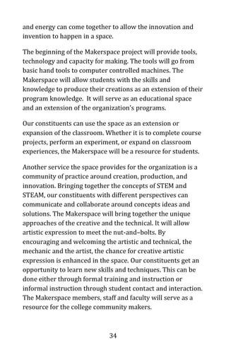 34
and energy can come together to allow the innovation and
invention to happen in a space.
The beginning of the Makerspace project will provide tools,
technology and capacity for making. The tools will go from
basic hand tools to computer controlled machines. The
Makerspace will allow students with the skills and
knowledge to produce their creations as an extension of their
program knowledge. It will serve as an educational space
and an extension of the organization’s programs.
Our constituents can use the space as an extension or
expansion of the classroom. Whether it is to complete course
projects, perform an experiment, or expand on classroom
experiences, the Makerspace will be a resource for students.
Another service the space provides for the organization is a
community of practice around creation, production, and
innovation. Bringing together the concepts of STEM and
STEAM, our constituents with different perspectives can
communicate and collaborate around concepts ideas and
solutions. The Makerspace will bring together the unique
approaches of the creative and the technical. It will allow
artistic expression to meet the nut-and–bolts. By
encouraging and welcoming the artistic and technical, the
mechanic and the artist, the chance for creative artistic
expression is enhanced in the space. Our constituents get an
opportunity to learn new skills and techniques. This can be
done either through formal training and instruction or
informal instruction through student contact and interaction.
The Makerspace members, staff and faculty will serve as a
resource for the college community makers.
 