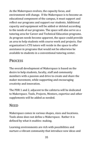 35
As the Makerspace evolves, the capacity focus, and
environment will change. If the Makerspace is to become an
educational component of the campus, it must support and
reflect our programs and support our students. Additional
capacity and equipment will be added or deleted according
to the needs of our programs. The space will also serve as a
tutoring area for Career and Technical Education programs.
As program needs become apparent, the space could provide
an area to help students with course work and projects. Our
organization’s CTE tutors will reside in the space to offer
assistance in programs that would not be otherwise be
available to students in a conventional tutoring center.
PROCESS
The overall development of Makerspace is based on the
desire to help students, faculty, staff and community
members with a passion and drive to create and share the
maker movement, while supporting and encouraging
creativity and innovation.
The PDR 1 and 2, adjacent to the cafeteria will be dedicated
to Makerspace. Tools, Projects, Mentors, expertise and other
supplements will be added as needed.
NEED
Makerspace comes in various shapes, sizes and locations.
Tools alone does not define a Makerspace. Rather it is
defined by what it enables: making.
Learning environments are rich with possibilities and
nurture a vibrant community that introduce new ideas and
 