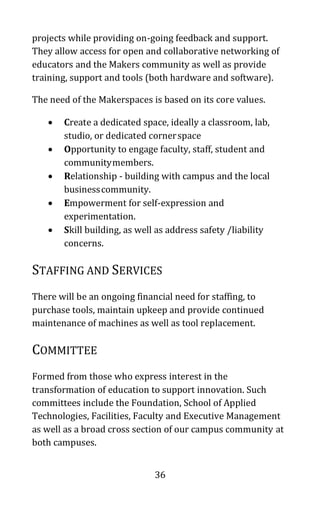 36
projects while providing on-going feedback and support.
They allow access for open and collaborative networking of
educators and the Makers community as well as provide
training, support and tools (both hardware and software).
The need of the Makerspaces is based on its core values.
• Create a dedicated space, ideally a classroom, lab,
studio, or dedicated cornerspace
• Opportunity to engage faculty, staff, student and
communitymembers.
• Relationship - building with campus and the local
businesscommunity.
• Empowerment for self-expression and
experimentation.
• Skill building, as well as address safety /liability
concerns.
STAFFING AND SERVICES
There will be an ongoing financial need for staffing, to
purchase tools, maintain upkeep and provide continued
maintenance of machines as well as tool replacement.
COMMITTEE
Formed from those who express interest in the
transformation of education to support innovation. Such
committees include the Foundation, School of Applied
Technologies, Facilities, Faculty and Executive Management
as well as a broad cross section of our campus community at
both campuses.
 