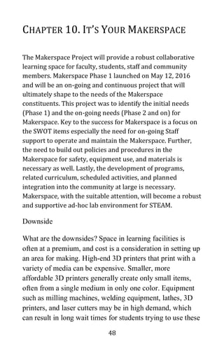 48
CHAPTER 10. IT’S YOUR MAKERSPACE
The Makerspace Project will provide a robust collaborative
learning space for faculty, students, staff and community
members. Makerspace Phase 1 launched on May 12, 2016
and will be an on-going and continuous project that will
ultimately shape to the needs of the Makerspace
constituents. This project was to identify the initial needs
(Phase 1) and the on-going needs (Phase 2 and on) for
Makerspace. Key to the success for Makerspace is a focus on
the SWOT items especially the need for on-going Staff
support to operate and maintain the Makerspace. Further,
the need to build out policies and procedures in the
Makerspace for safety, equipment use, and materials is
necessary as well. Lastly, the development of programs,
related curriculum, scheduled activities, and planned
integration into the community at large is necessary.
Makerspace, with the suitable attention, will become a robust
and supportive ad-hoc lab environment for STEAM.
Downside
What are the downsides? Space in learning facilities is
often at a premium, and cost is a consideration in setting up
an area for making. High-end 3D printers that print with a
variety of media can be expensive. Smaller, more
affordable 3D printers generally create only small items,
often from a single medium in only one color. Equipment
such as milling machines, welding equipment, lathes, 3D
printers, and laser cutters may be in high demand, which
can result in long wait times for students trying to use these
 