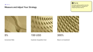 Measure and Adjust Your Strategy
5%
Conversion Rate
150 USD
Customer Acquisition Cost
300%
Return on Investment
Metrics
Plus tip:
Consider adding specific tools like
Google Analytics or HubSpot for
measuring these metrics.
 