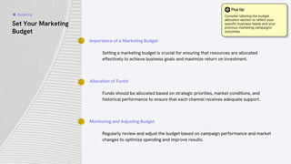 Set Your Marketing
Budget
Importance of a Marketing Budget
Setting a marketing budget is crucial for ensuring that resources are allocated
effectively to achieve business goals and maximize return on investment.
Allocation of Funds
Funds should be allocated based on strategic priorities, market conditions, and
historical performance to ensure that each channel receives adequate support.
Monitoring and Adjusting Budget
Regularly review and adjust the budget based on campaign performance and market
changes to optimize spending and improve results.
Budgeting
Plus tip:
Consider tailoring the budget
allocation section to reflect your
specific business needs and your
previous marketing campaigns'
outcomes.
 