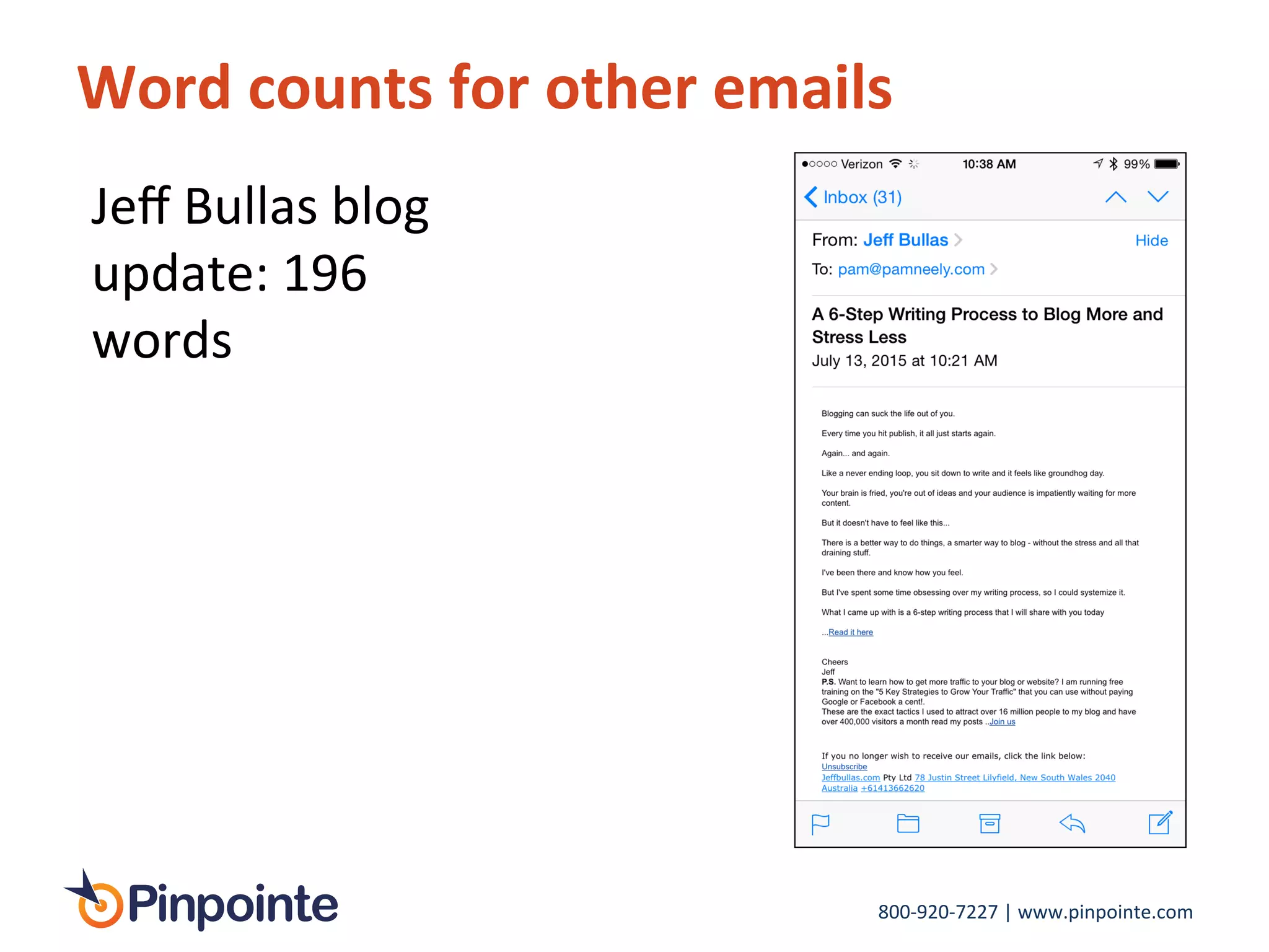800-­‐920-­‐7227	
  |	
  www.pinpointe.com	
  
Word	
  counts	
  for	
  other	
  emails	
  
Jeﬀ	
  Bullas	
  blog	
  
update:	
  196	
  
words	
  
 
