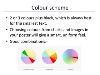 Colour scheme
• 2 or 3 colours plus black, which is always best
for the smallest text.
• Choosing colours from charts and images in
your poster will give a smart, uniform feel.
• Good combinations:-
 