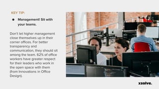 KEY TIP:
● Management! Sit with
your teams.
Don’t let higher management
close themselves up in their
corner offices. For better
transparency and
communication, they should sit
among the team. 62% of office
workers have greater respect
for their leaders who work in
the open space with them
(from Innovations in Office
Design).
 