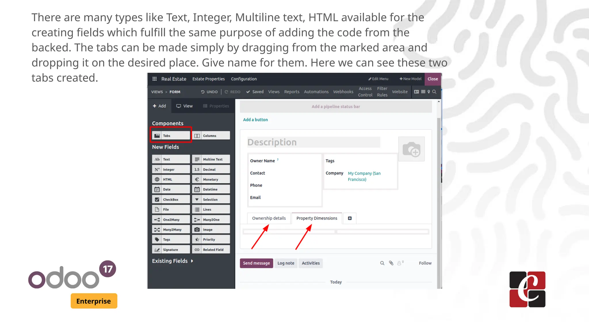 Enterprise
There are many types like Text, Integer, Multiline text, HTML available for the
creating fields which fulfill the same purpose of adding the code from the
backed. The tabs can be made simply by dragging from the marked area and
dropping it on the desired place. Give name for them. Here we can see these two
tabs created.
 
