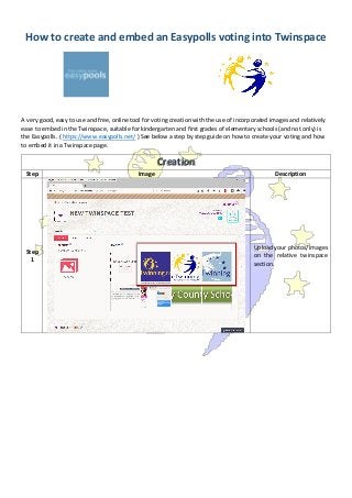 How to create and embed an Easypolls voting into Twinspace
A very good, easy to use and free, online tool for voting creation with the use of incorporated images and relatively
ease to embed in the Twinspace, suitable for kindergarten and first grades of elementary schools (and not only) is
the Easypolls. ( https://www.easypolls.net/ ) See below a step by step guide on how to create your voting and how
to embed it in a Twinspace page.
Creation
Step Image Description
Step
1
Upload your photos/images
on the relative twinspace
section.
 