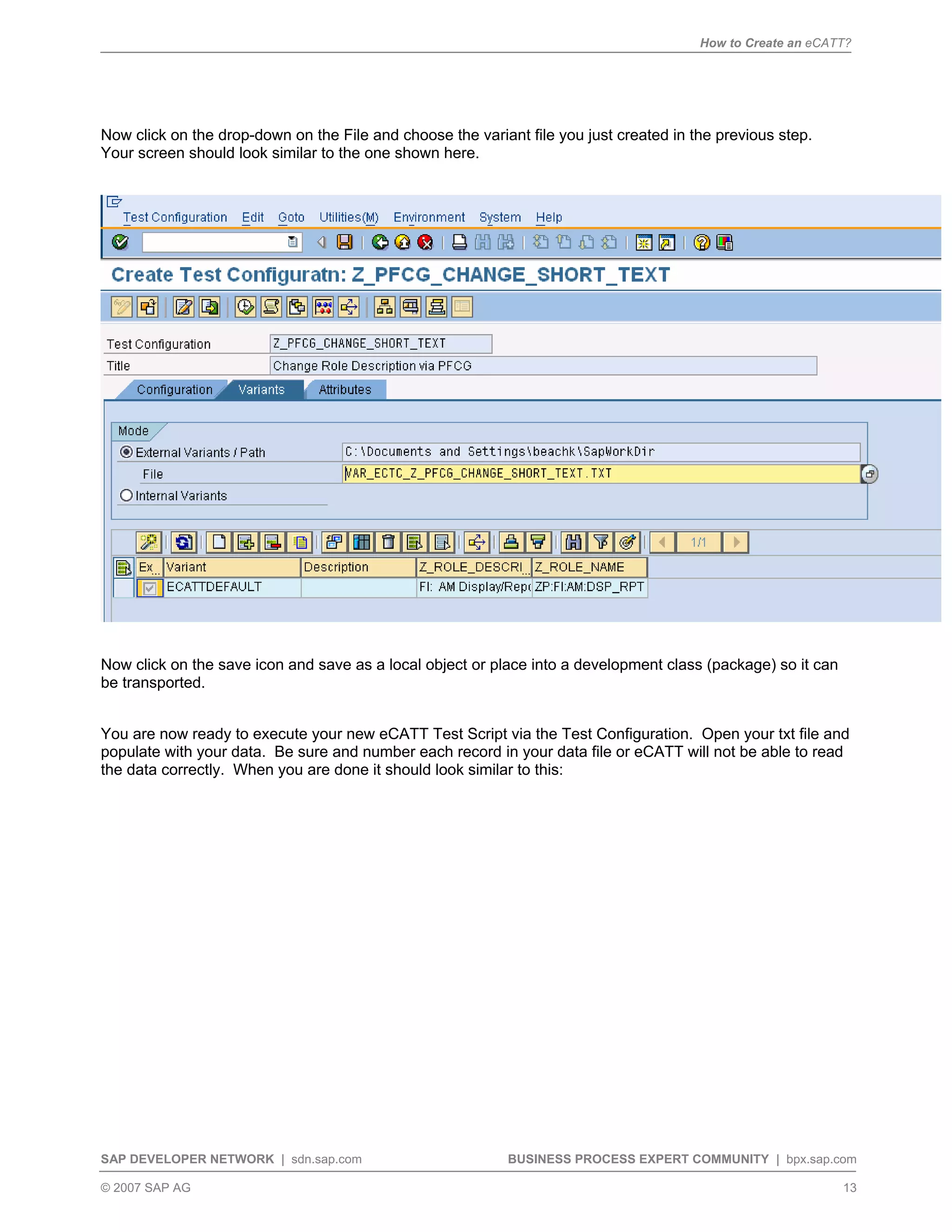 How to Create an eCATT?
SAP DEVELOPER NETWORK | sdn.sap.com BUSINESS PROCESS EXPERT COMMUNITY | bpx.sap.com
© 2007 SAP AG 13
Now click on the drop-down on the File and choose the variant file you just created in the previous step.
Your screen should look similar to the one shown here.
Now click on the save icon and save as a local object or place into a development class (package) so it can
be transported.
You are now ready to execute your new eCATT Test Script via the Test Configuration. Open your txt file and
populate with your data. Be sure and number each record in your data file or eCATT will not be able to read
the data correctly. When you are done it should look similar to this:
 
