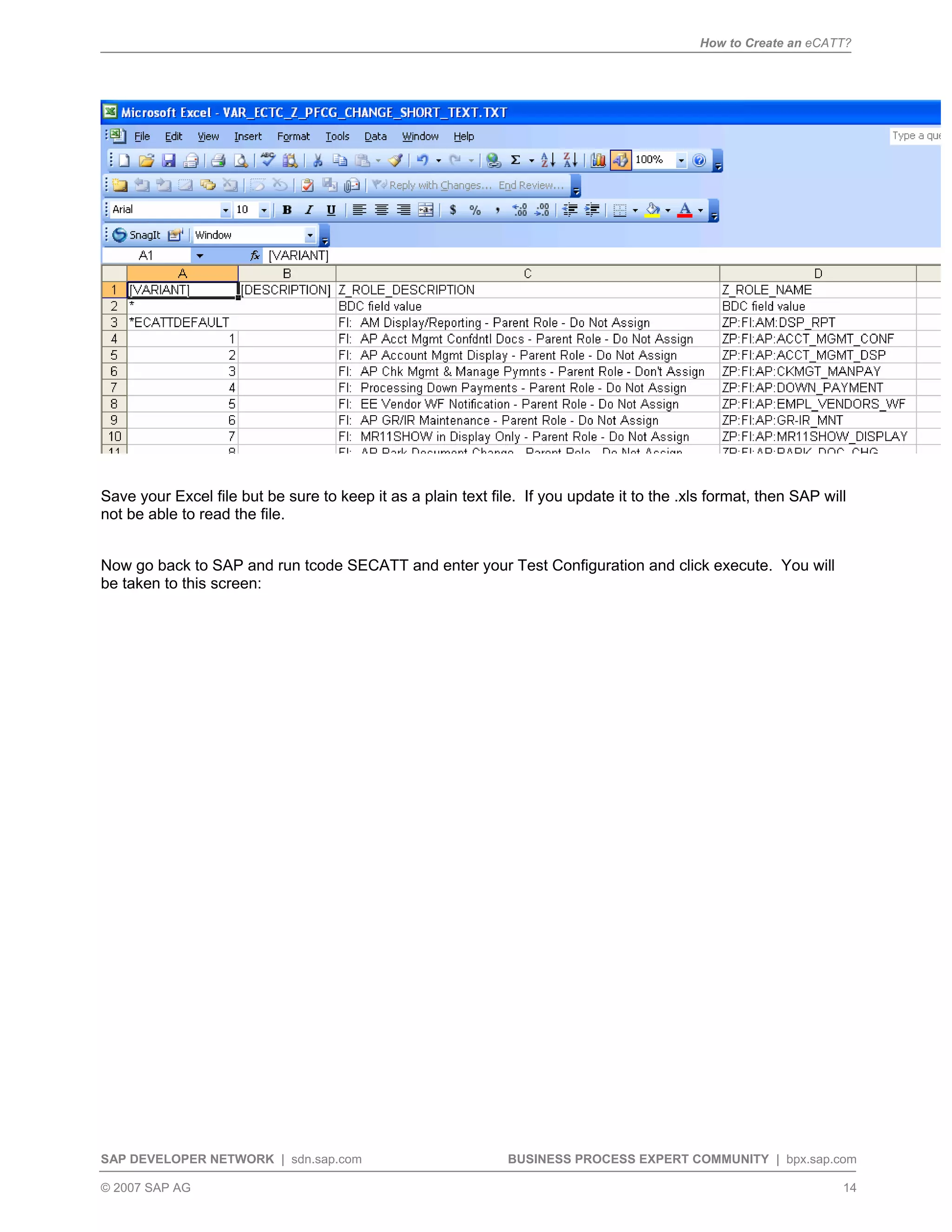 How to Create an eCATT?
SAP DEVELOPER NETWORK | sdn.sap.com BUSINESS PROCESS EXPERT COMMUNITY | bpx.sap.com
© 2007 SAP AG 14
Save your Excel file but be sure to keep it as a plain text file. If you update it to the .xls format, then SAP will
not be able to read the file.
Now go back to SAP and run tcode SECATT and enter your Test Configuration and click execute. You will
be taken to this screen:
 