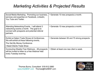 Marketing Activities & Projected Results Thomas Burns, Consultant  916-912-3880  www.theSBSF.com   [email_address] Obtain at least one new client a week. Conducting Weekly Free Webinars.  All prospects will be invited to listen to a free Webinar held every Tuesday evening.  Generate between 50 and 75 strong prospects Exhibit at Select Trade Shows & Conferences.  We will exhibit at these following events,  The Get My Money Conference I Need Clients Trade Show  Generate 10 new prospects a month.  Social Media Marketing.  Promoting our business, services and expertise on Facebook, Linkedin, You Tube and Twitter. Generate 10 new prospects a month.  Attending Networking Events.  I will attend 3 networking events a month.  The goal is to connect with prospects and potential referral partners. 
