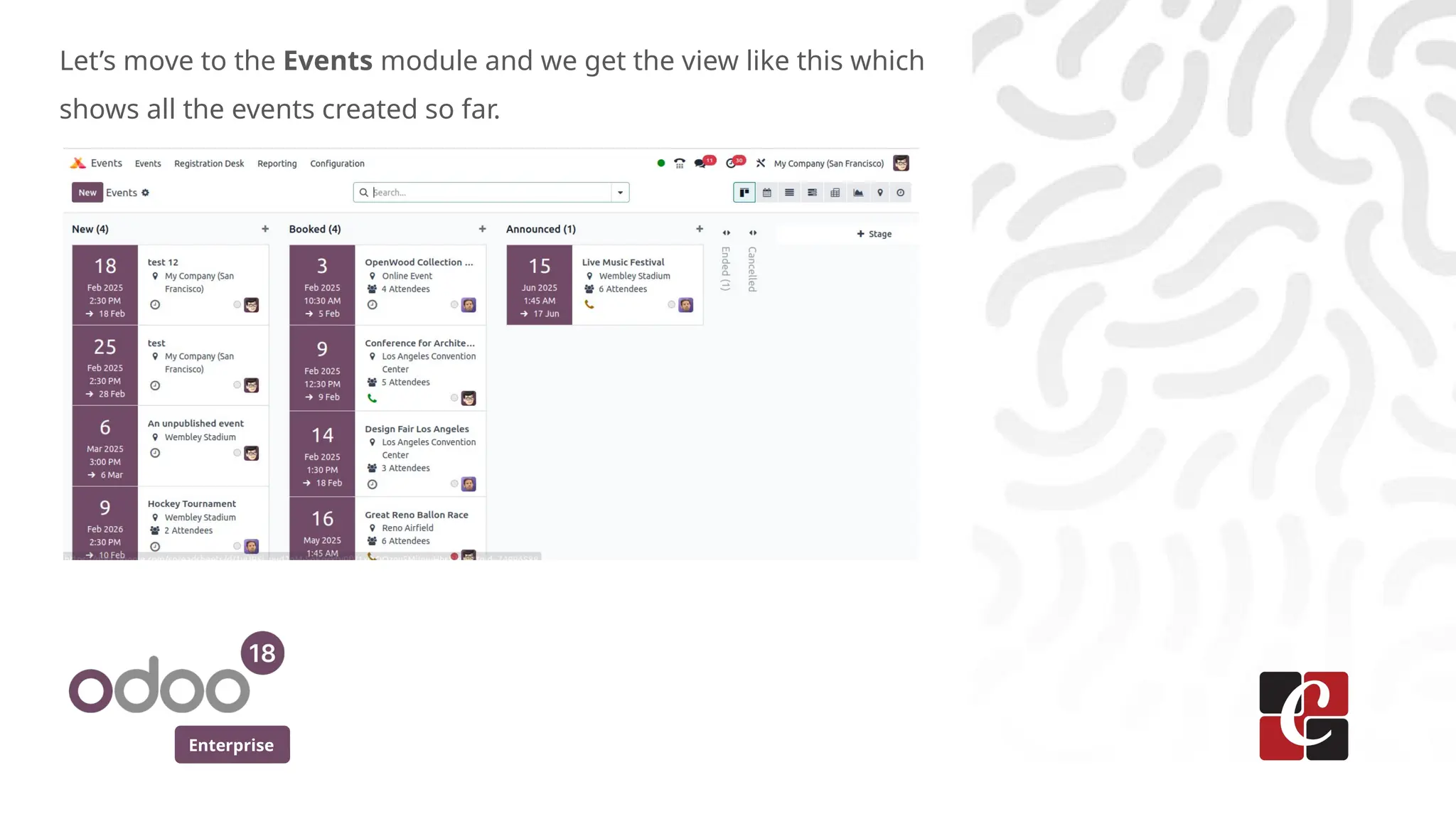 Enterprise
Let’s move to the Events module and we get the view like this which
shows all the events created so far.
 