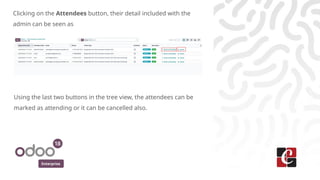 Enterprise
Clicking on the Attendees button, their detail included with the
admin can be seen as
Using the last two buttons in the tree view, the attendees can be
marked as attending or it can be cancelled also.
 