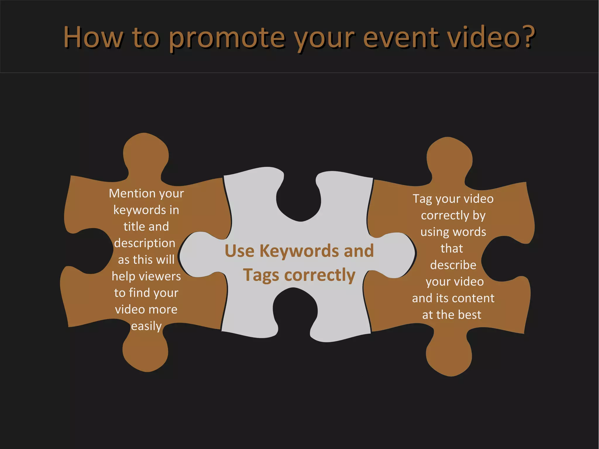 How to promote your event video?How to promote your event video?
Use Keywords and
Tags correctly
Mention your
keywords in
title and
description
as this will
help viewers
to find your
video more
easily
Tag your video
correctly by
using words
that
describe
your video
and its content
at the best
 