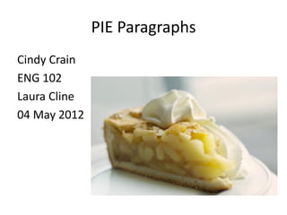 PIE Paragraphs
Cindy Crain
ENG 102
Laura Cline
04 May 2012
 