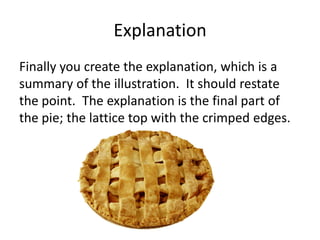 Explanation
Finally you create the explanation, which is a
summary of the illustration. It should restate
the point. The explanation is the final part of
the pie; the lattice top with the crimped edges.