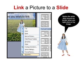 Link  a Picture to a  Slide Notice the white dots around my border when you right click on my image. 