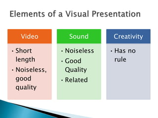 Video
•Short
length
•Noiseless,
good
quality
Sound
•Noiseless
•Good
Quality
•Related
Creativity
•Has no
rule
 